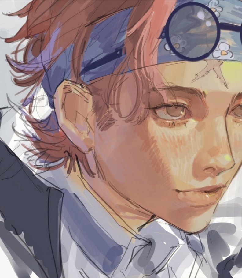 jing wen, koby (one piece), one piece, 1boy, blue headband, close-up, closed mouth, cross scar, headband, high collar, light smile, looking ahead, male focus, pink hair, scar, scar on face, short hair, sideburns, solo