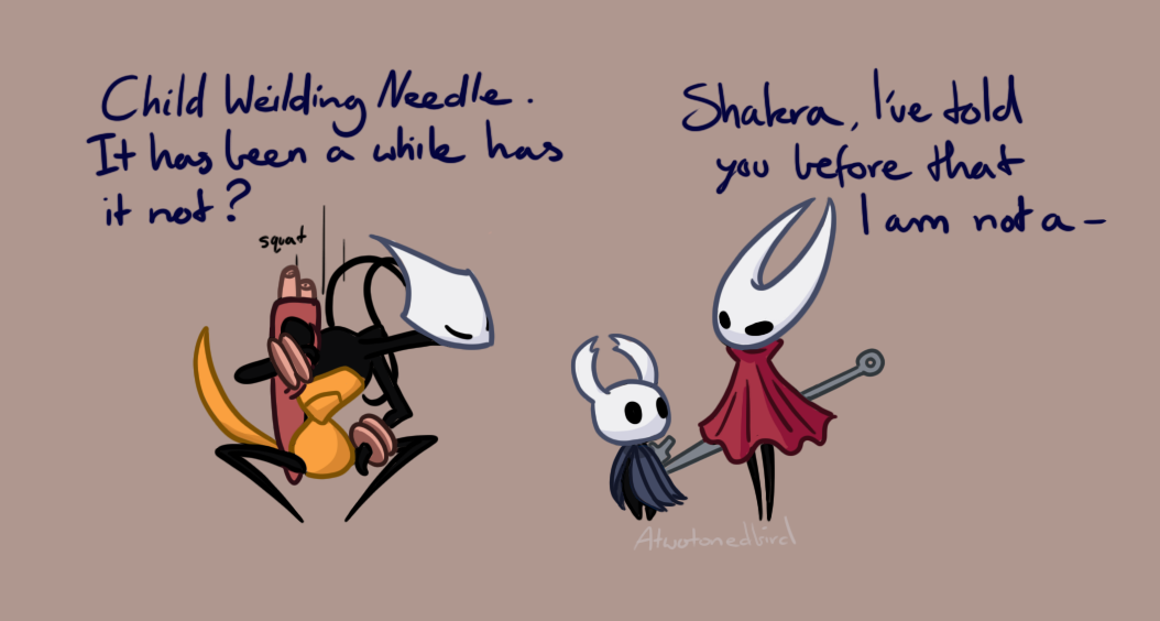 hornet (hollow knight), knight (hollow knight), shakra (hollow knight), hollow knight, hollow knight: silksong, commentary, english commentary, 1other, 2girls, arthropod girl, artist name, atwotonedbird, black skin, brown background, chakram, cloak, closed eyes, colored skin, english text, grey cloak, height difference, hollow eyes, horned mask, mask, multiple girls, nail (hollow knight), needle (hollow knight), red cloak, simple background, squatting, tail, weapon, white mask