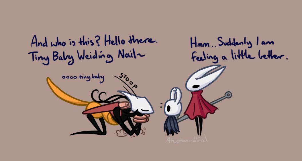 hornet (hollow knight), knight (hollow knight), shakra (hollow knight), hollow knight, hollow knight: silksong, commentary, english commentary, 1other, 2girls, arthropod girl, artist name, atwotonedbird, black skin, brown background, chakram, cloak, closed eyes, colored skin, cosplay, english text, height difference, hollow eyes, horned mask, hornet (hollow knight) (cosplay), mask, multiple girls, nail (hollow knight), needle (hollow knight), red cloak, simple background, tail, weapon, white mask