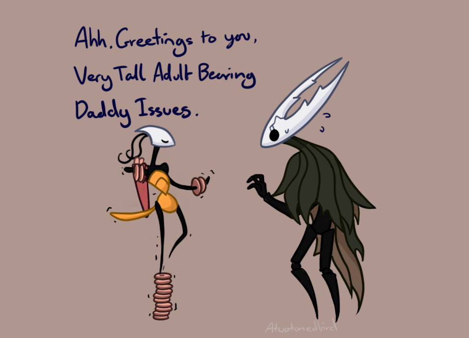 hollow knight (character), hollow knight, hollow knight: silksong, commentary, english commentary, 1girl, 1other, arthropod girl, artist name, atwotonedbird, balancing, black skirt, brown background, chakram, closed eyes, cracked mask, english text, flying sweatdrops, height difference, hollow eyes, horned mask, mask, simple background, skirt, standing, standing on one leg, sweatdrop, tail, weapon