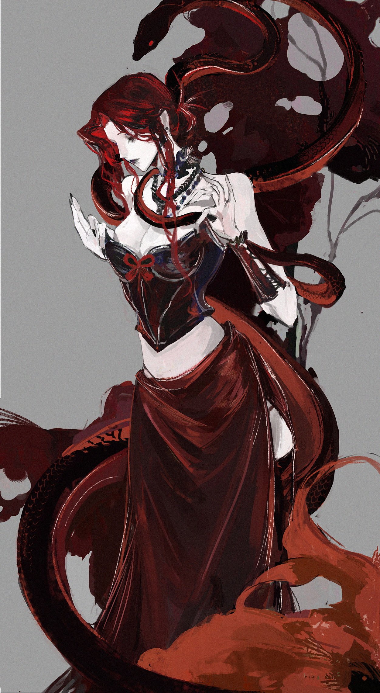 g6pbe3jgajacf8x, messmer the impaler, elden ring, elden ring: shadow of the erdtree, highres, 1girl, breasts, corset, genderswap, genderswap (mtf), jewelry, long hair, makeup, neck ring, pale skin, red hair, red snake, single bracer, snake, solo, standing, thighhighs