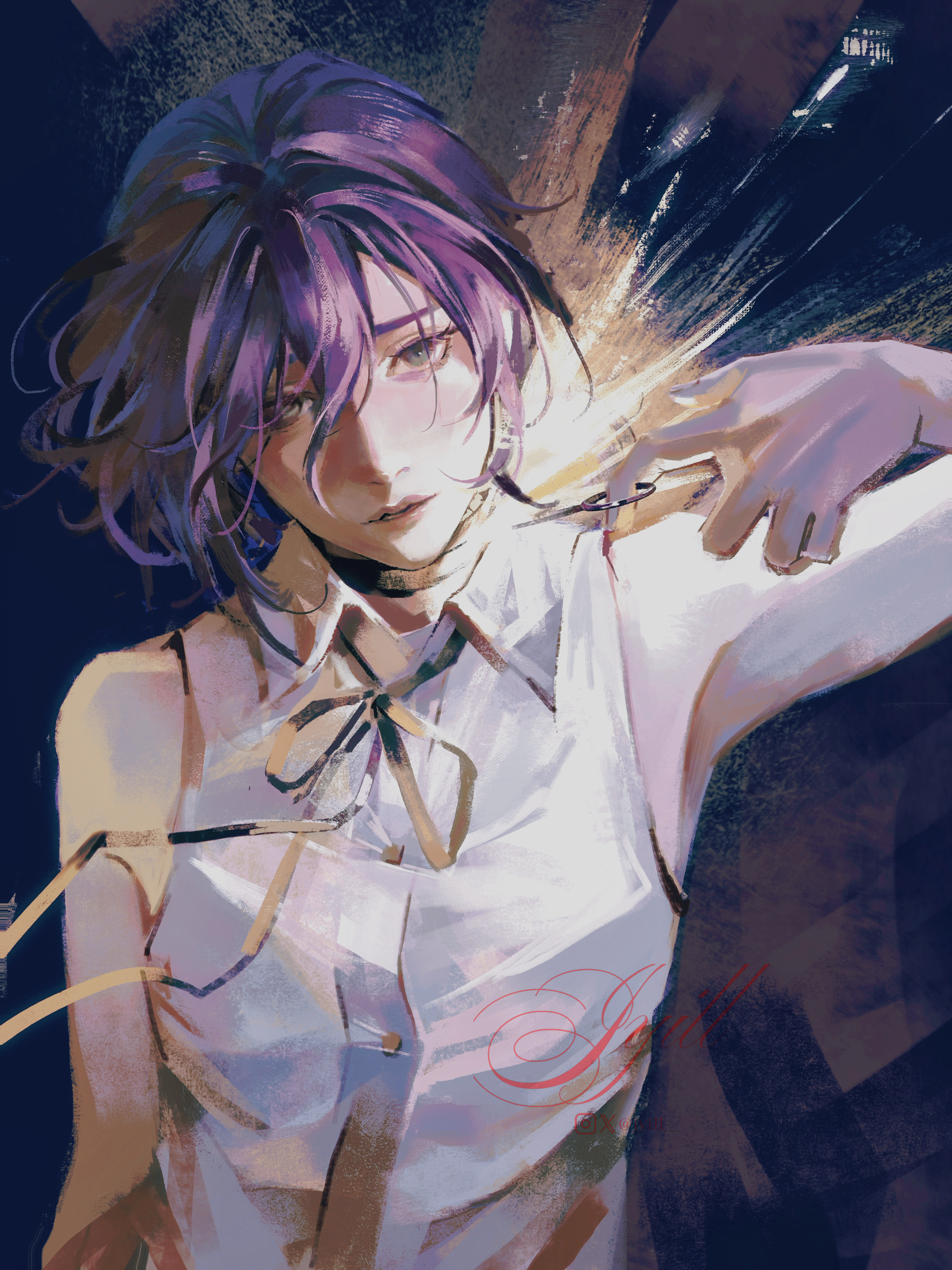 jyauii, reze (chainsaw man), chainsaw man, absurdres, highres, 1girl, black choker, black ribbon, choker, collared shirt, grenade pin, grey eyes, hair between eyes, imminent explosion, looking at viewer, neck ribbon, parted lips, purple hair, ribbon, shirt, sleeveless, sleeveless shirt, solo, sparks, white shirt