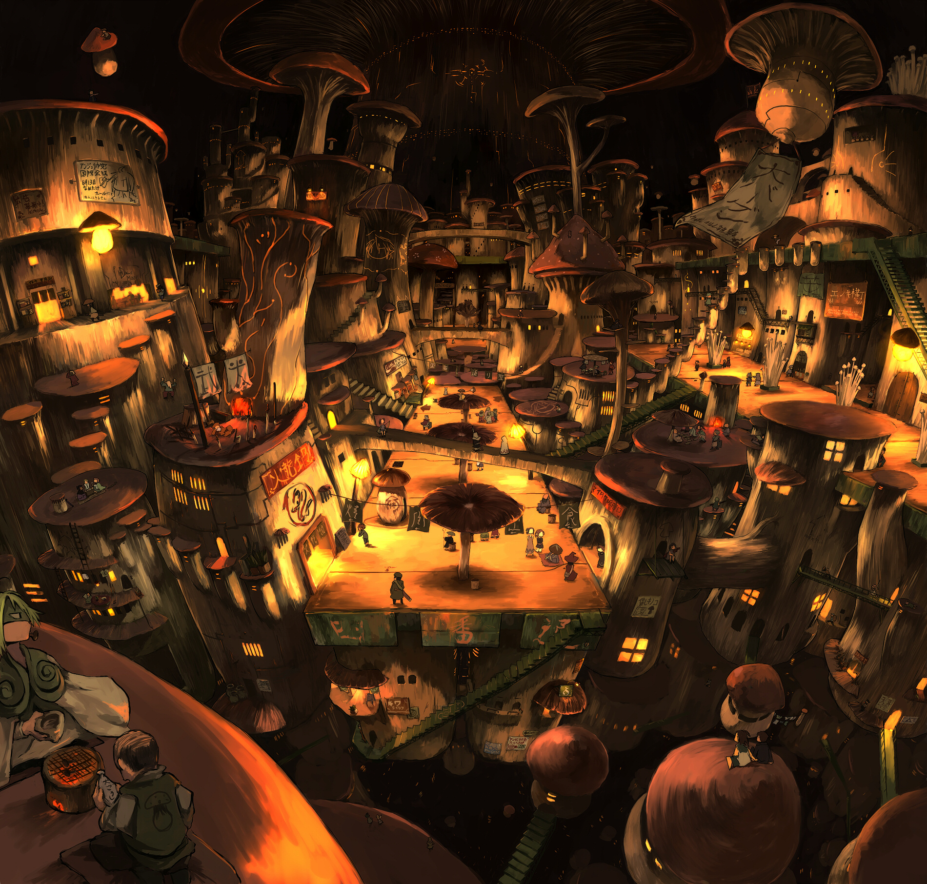 gregorius yamada, pixiv fantasia, pixiv fantasia 2, highres, 6+boys, 6+girls, building, city, cityscape, house, multiple boys, multiple girls, mushroom, scenery, sign