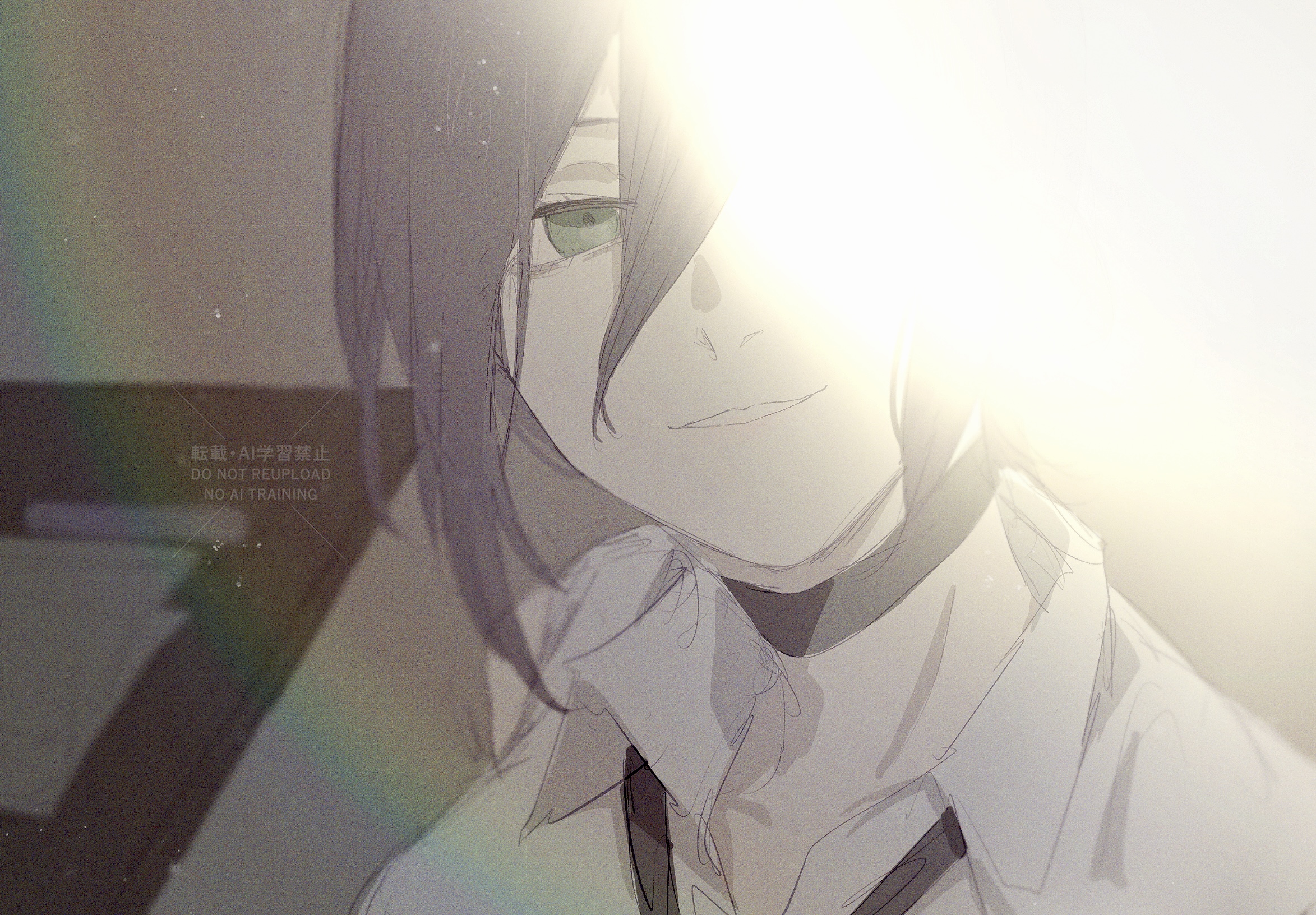 reze (chainsaw man), chainsaw man, highres, 1girl, akatuki048, black choker, black hair, black ribbon, choker, collared shirt, green eyes, neck ribbon, ribbon, shirt, solo, white shirt