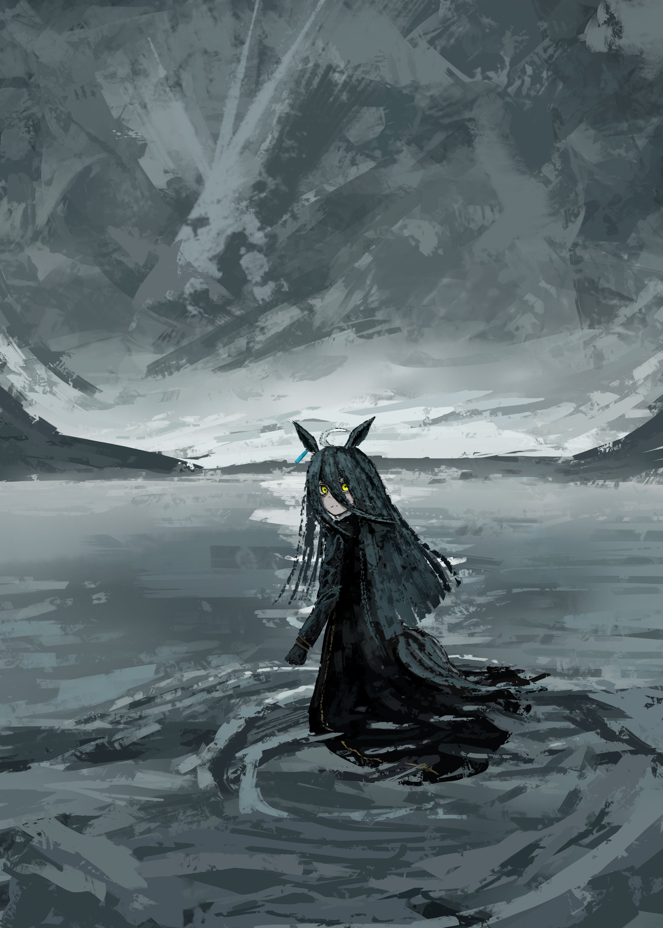 thefatum, manhattan cafe (umamusume), umamusume, absurdres, highres, 1girl, ahoge, animal ears, black coat, black gloves, black hair, closed mouth, cloud, cloudy sky, coat, ear ornament, ear tag, fjord, frown, gloves, hair between eyes, horse ears, horse girl, horse tail, jewelry, long bangs, long hair, long hair between eyes, long sleeves, looking at viewer, multicolored hair, outdoors, ripples, sky, solo, split mouth, standing, tail, very long hair, wading, white hair, yellow eyes