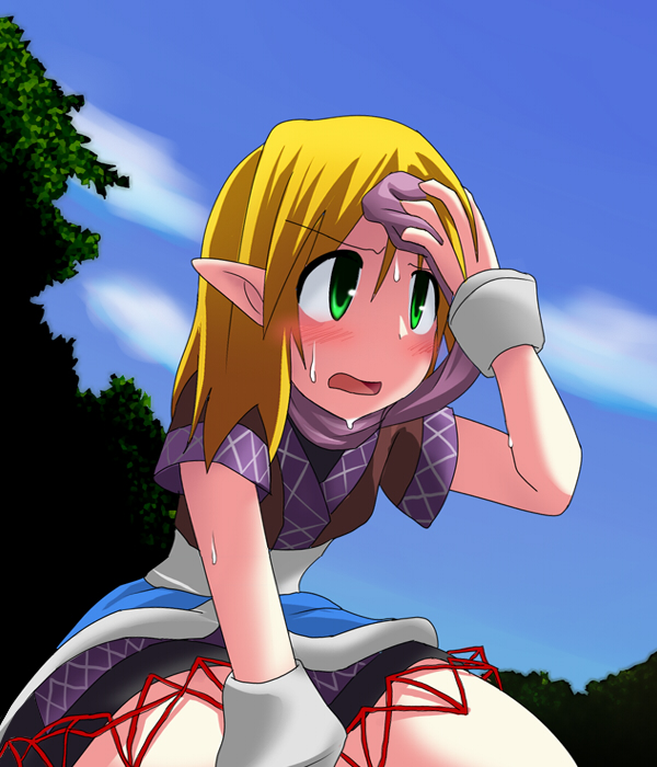 des (namaasi), mizuhashi parsee, touhou, 1girl, blonde hair, female focus, green eyes, nature, outdoors, pointy ears, scarf, sky, solo, sweat