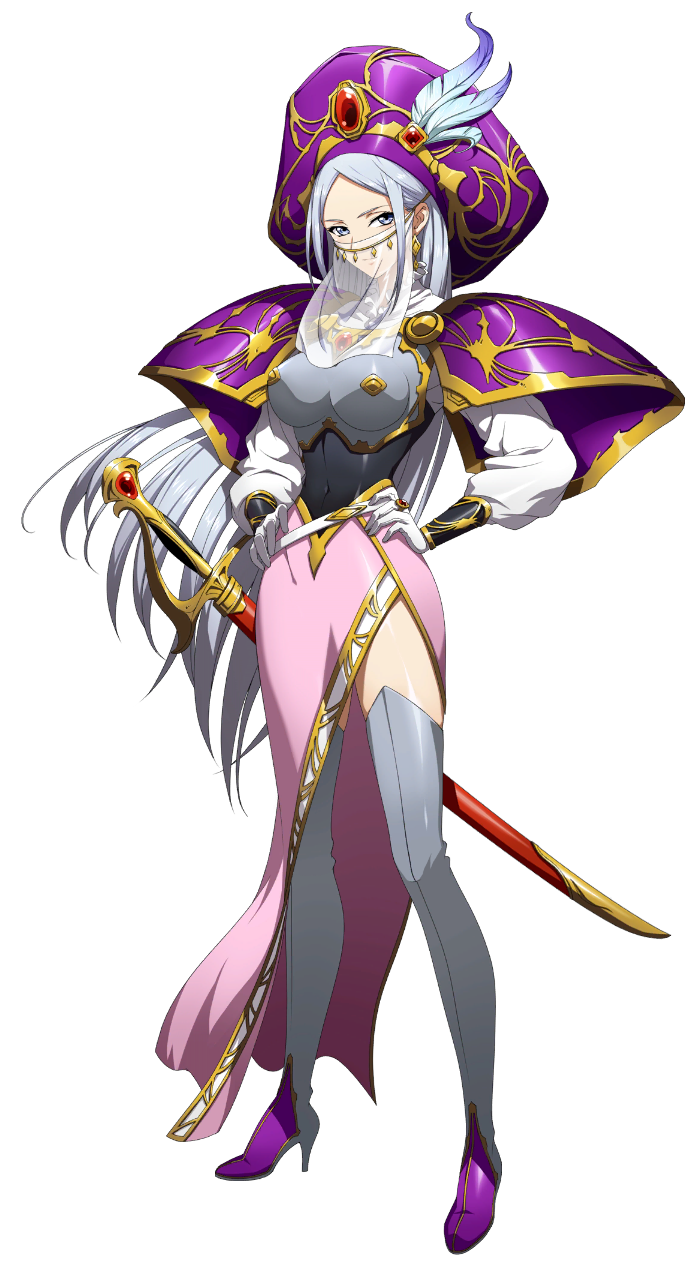 ilucia (langrisser), langrisser, langrisser mobile, game cg, highres, official art, third-party source, 1girl, armor, blue eyes, boots, breasts, brooch, closed mouth, covered navel, earrings, floating hair, full body, gloves, gold trim, hands on own hips, hat, hat feather, high heel boots, high heels, jewelry, large hat, light smile, long hair, looking at viewer, mouth veil, pauldrons, pink skirt, puffy sleeves, purple hat, ring, scabbard, see-through clothes, sheath, sheathed, shoulder armor, side slit, skirt, solo, sword, thigh boots, transparent background, veil, very long hair, weapon, white gloves, white hair