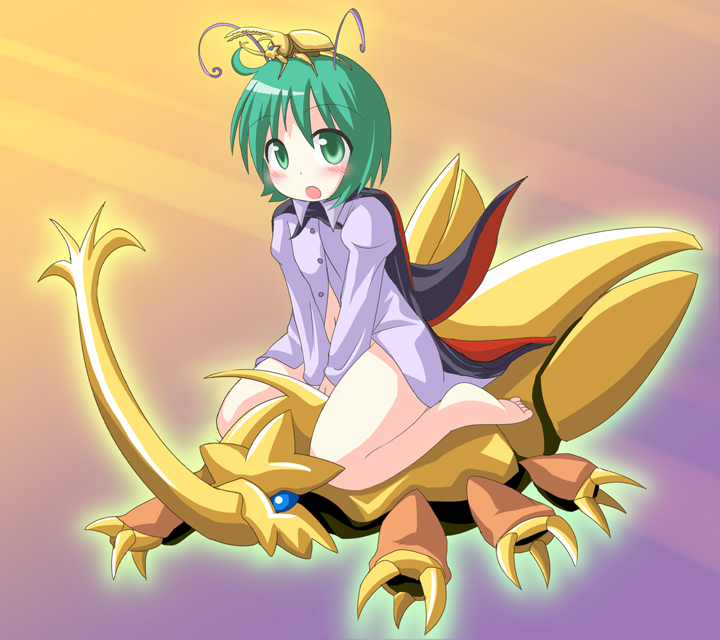 des (namaasi), kiniro, kiniro (mushihime-sama), wriggle nightbug, mushihime-sama, touhou, 1girl, antennae, blush, bottomless, cape, capelet, crossover, dress shirt, female focus, green eyes, green hair, looking at viewer, matching hair/eyes, naked shirt, no panties, open clothes, open mouth, open shirt, rhinoceros beetle, shirt, short hair, solo, unbuttoned