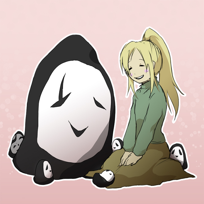 dakkarubi, poniko, uboa, yume nikki, bad id, bad pixiv id, 1girl, = =, blonde hair, brown skirt, green shirt, long skirt, long sleeves, pink background, ponytail, raised eyebrows, seiza, shirt, simple background, sitting, skirt, smile, sweater