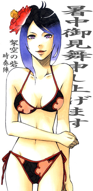 konan (naruto), naruto (classic), naruto (series), naruto shippuuden, artist request, translation request, 1girl, bikini, blue hair, face piercing, female focus, flower, gradient hair, hair flower, hair ornament, labret piercing, lipstick, makeup, multicolored hair, piercing, purple eyes, shochuumimai, solo, swimsuit, white background