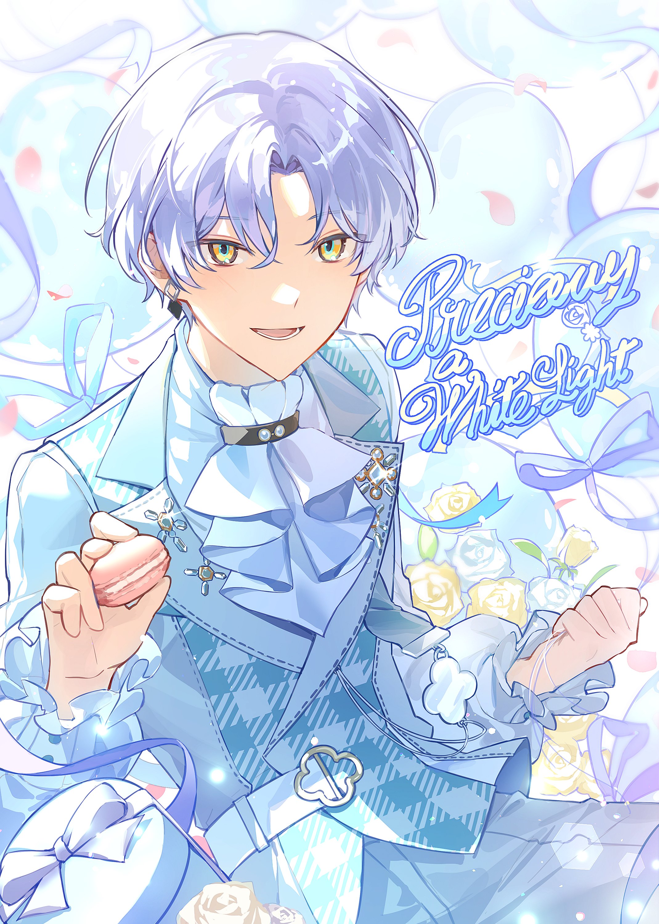 18trip, absurdres, highres, 1boy, ascot, clenched hand, english text, flower, food, from above, hair between eyes, hamunicetrip, holding, holding food, holding macaron, looking at viewer, lower teeth only, macaron, male focus, oguro kafka, open mouth, parted bangs, pink petals, purple hair, short hair, smile, solo, streamers, teeth, vest, waistcoat, white ascot, yellow eyes, yellow flower