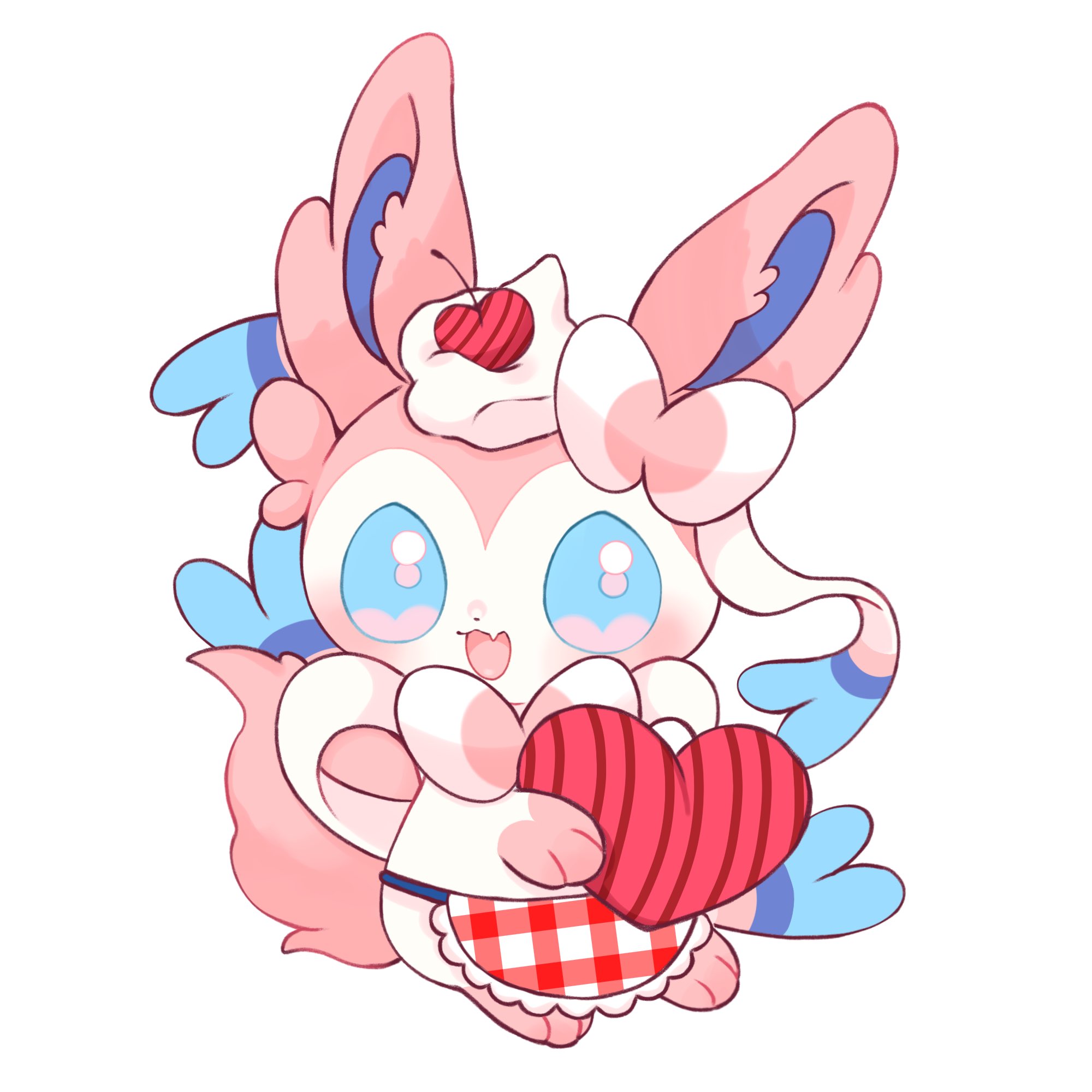 maaari pkmn, sylveon, nintendo, pokemon, commentary request, highres, apron, blue eyes, blush, cherry, fang, food, fruit, gen 6 pokemon, heart, no humans, open mouth, pokemon (creature), pokemon focus, simple background, whipped cream, white background