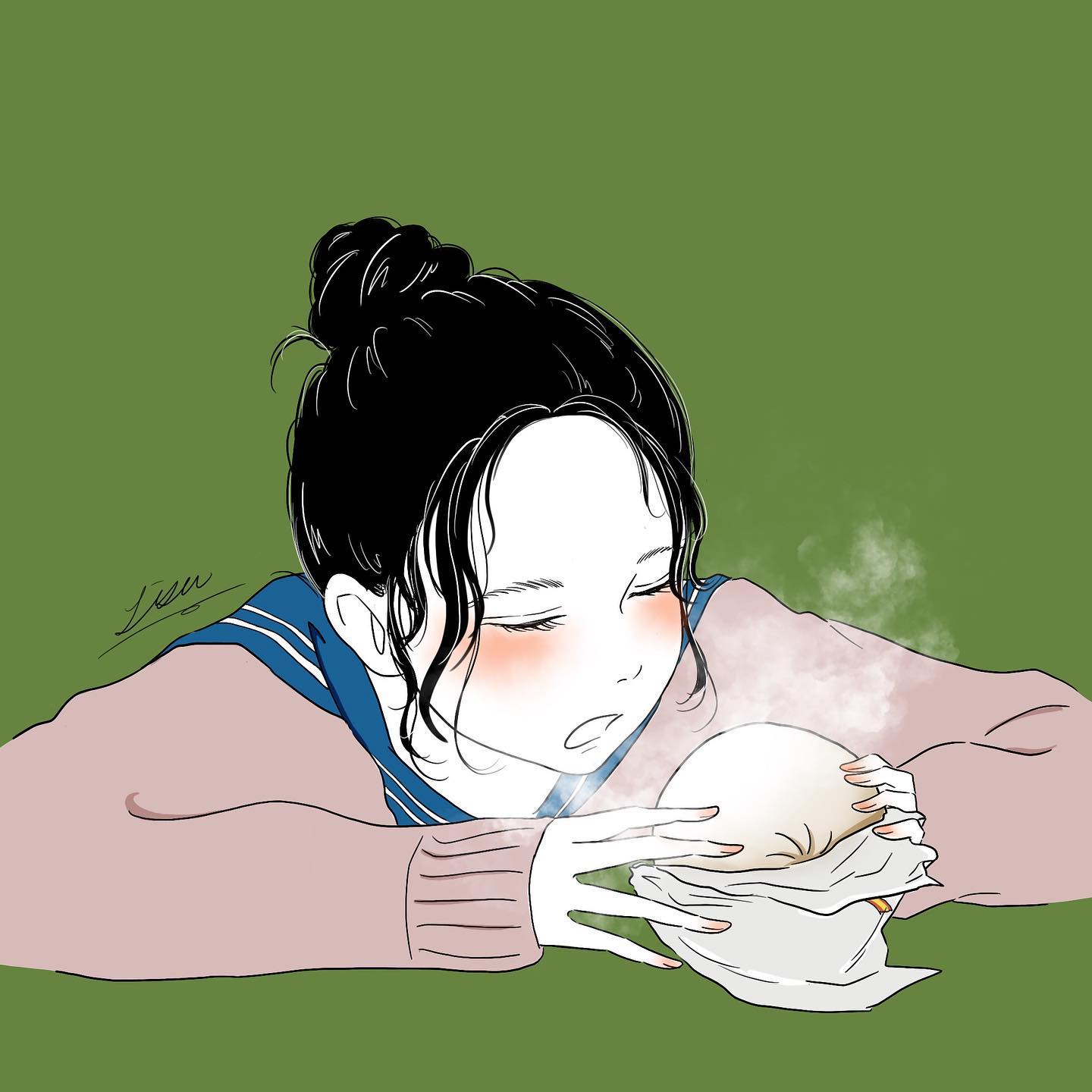 lisa (illustsan430), original, commentary request, highres, 1girl, against table, artist name, black hair, blue sailor collar, blush, closed eyes, cropped torso, eating, food, green background, hair bun, holding, holding food, invisible table, leaning forward, long sleeves, open mouth, pink sweater, sailor collar, short hair, signature, simple background, single hair bun, sleeves past wrists, solo, steam, steamed bun, sweater, upper body