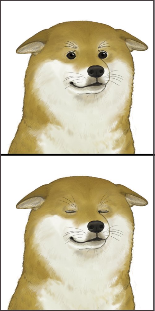 7c', 2koma, animal, animal focus, closed eyes, comic, dog, happy, no humans, portrait, sad, shiba inu, whiskers, white background