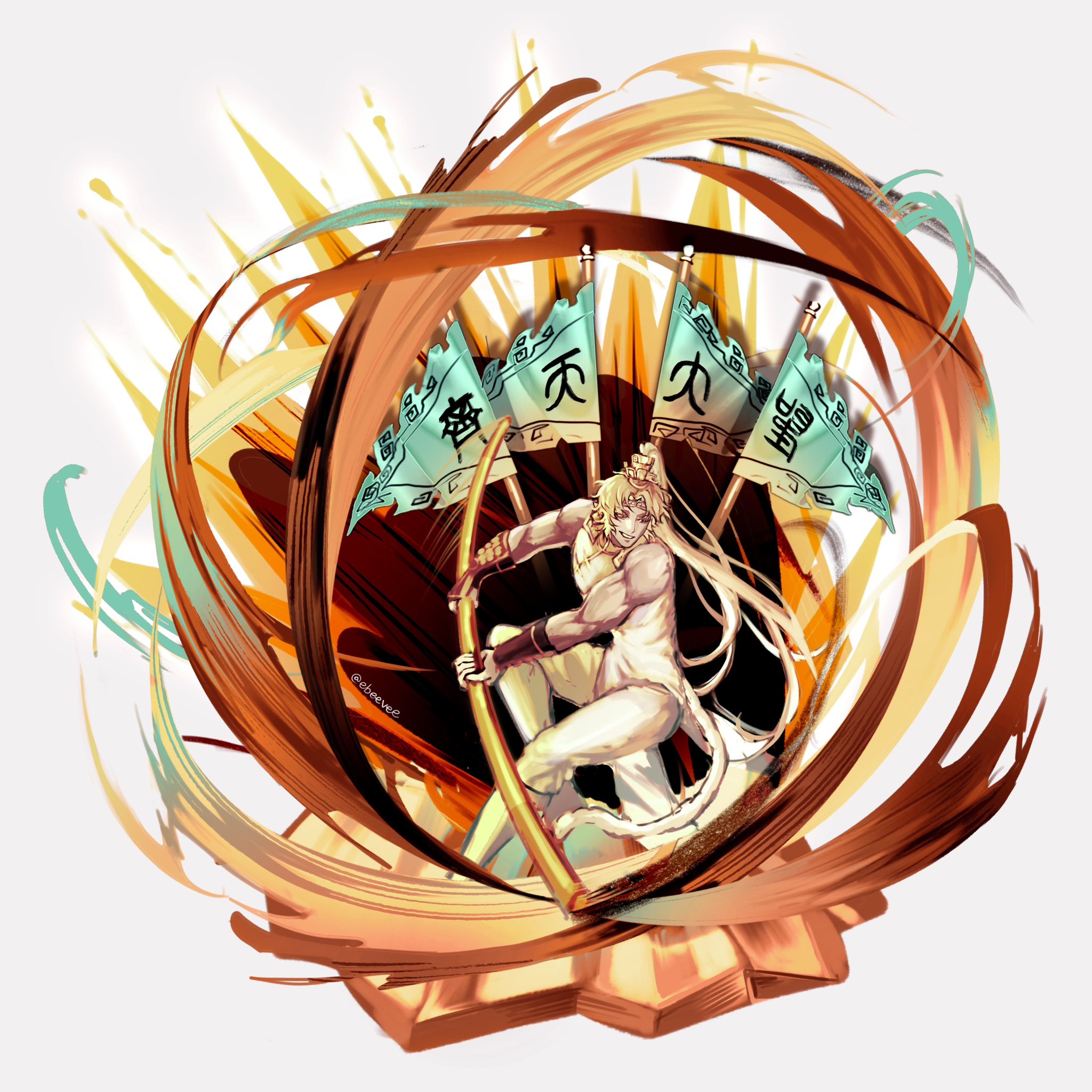 evie (baoxiao), sun wukong (omniscient reader's viewpoint), omniscient reader's viewpoint, highres, translation request, 1boy, :d, bangle, bracelet, chinese text, flag, full body, grin, hair ornament, headband, high ponytail, holding, holding staff, jewelry, kemonomimi mode, long hair, male focus, monkey tail, open mouth, ponytail, smile, solo, staff, swinging weapon, swirl, tail, very long hair