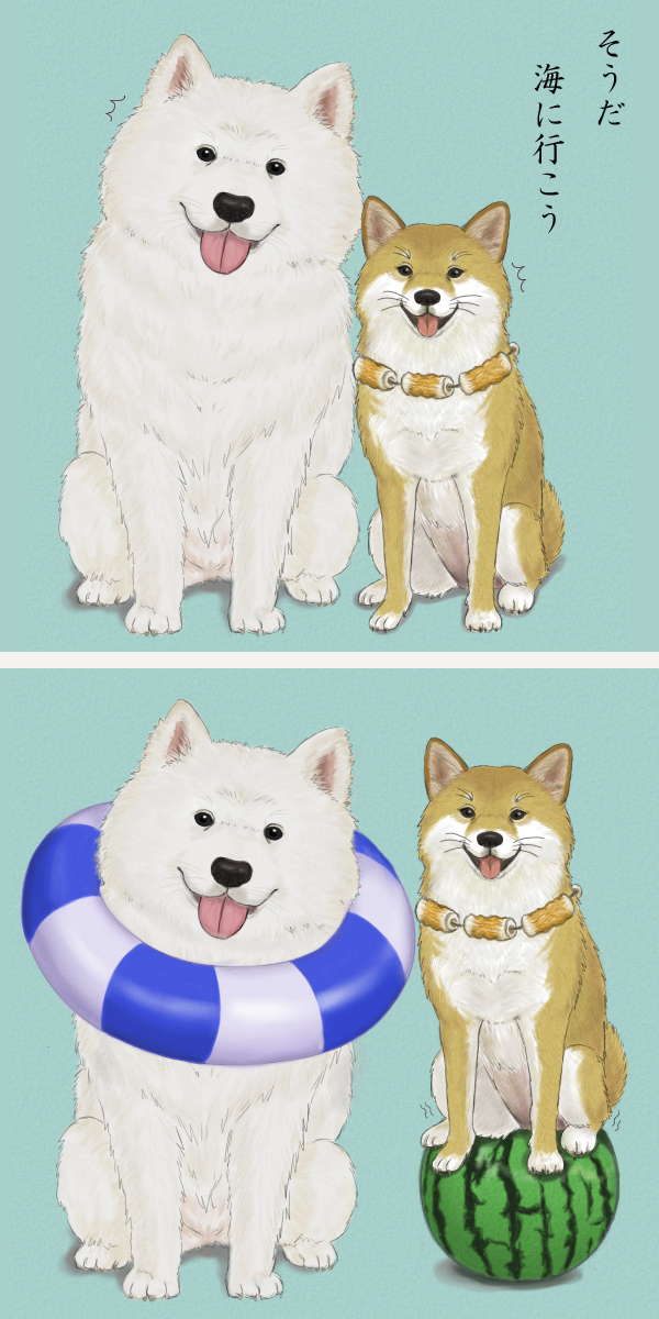 7c', copyright request, highres, akita inu, animal, animal focus, balancing, chikuwa, dog, food, fruit, jewelry, necklace, shiba inu, tongue, watermelon, whiskers