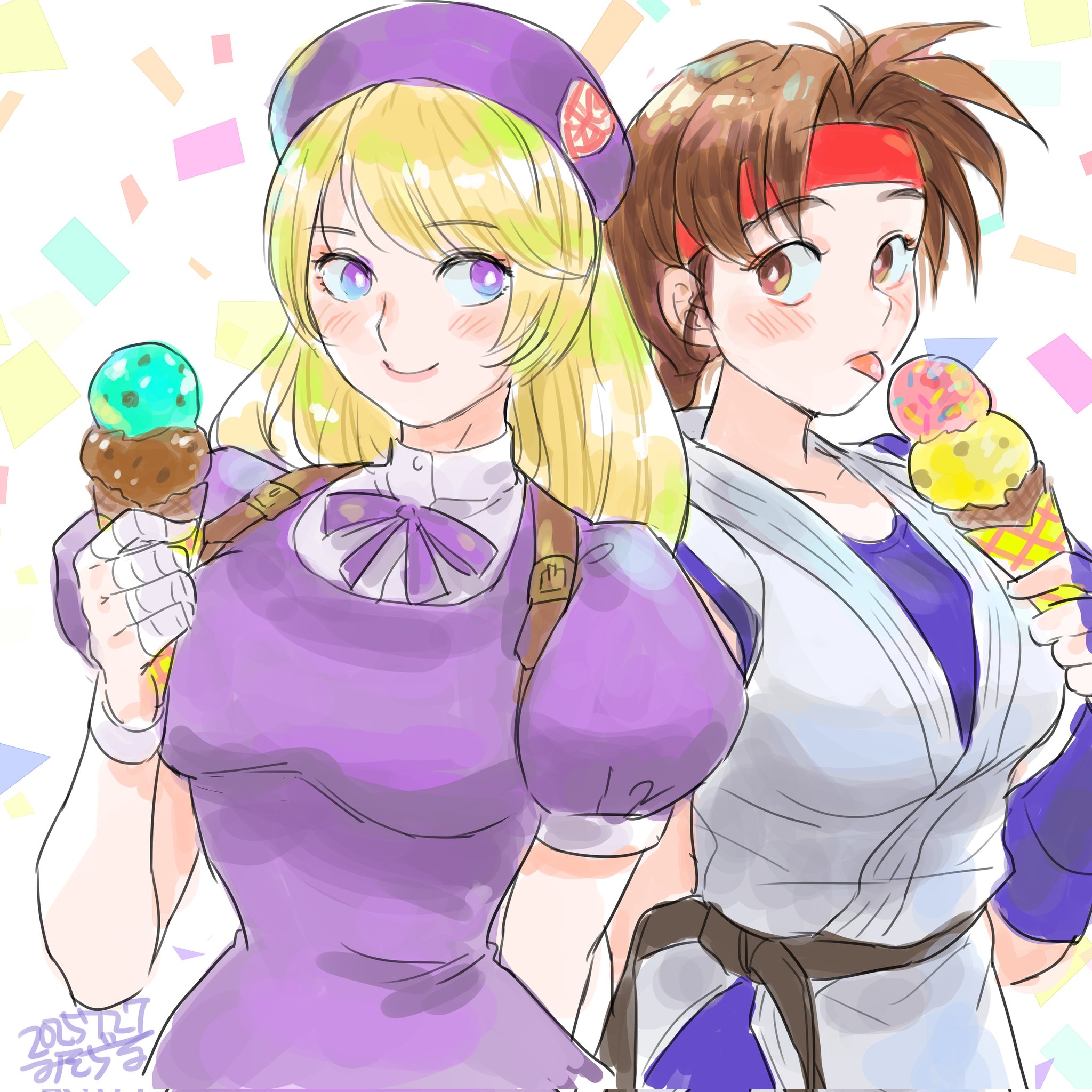 misodiru, shijou hinako, yuri sakazaki, the king of fighters, commentary request, highres, 2girls, bandaged fingers, bandages, beret, blonde hair, blush, bright pupils, brown eyes, brown hair, dated, dougi, dress, fingerless gloves, food, gloves, hat, headband, ice cream, long hair, looking at another, multiple girls, puffy short sleeves, puffy sleeves, purple dress, purple eyes, purple gloves, purple hat, red headband, short sleeves, smile, tongue, tongue out, upper body, white pupils