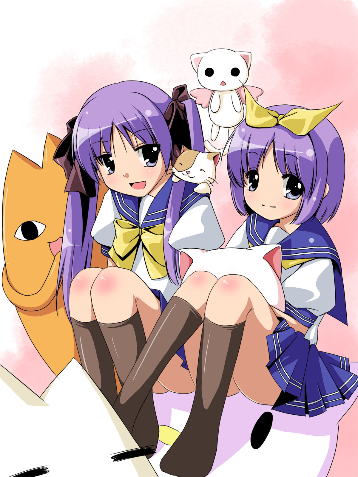 nekito, hiiragi kagami, hiiragi tsukasa, mihama chiyo's father, oboro (binzume yousei), oboro (bottle fairy), shamisen (suzumiya haruhi), yoshimizu kagami (cat), azumanga daiou, binzume yousei, hello kitty, lucky star, sanrio, suzumiya haruhi no yuuutsu, highres, 00s, 2girls, blue eyes, calico (pattern), calico cat, cat, crossover, long hair, multiple girls, purple hair, ribbon, school uniform, serafuku, short hair, siblings, sisters, socks, twintails