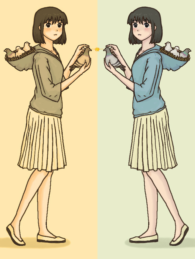 7c', original, md5 mismatch, 2girls, animal, bird, bird on hand, brown hair, hood, hood basket, hoodie, multiple girls, pigeon, short hair, skirt, symmetry