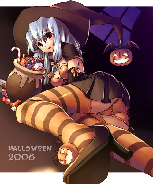 katahira masashi, original, silver hair, 00s, 1girl, 2008, candy, candy cane, female focus, food, foreshortening, halloween, hat, high heels, jack-o'-lantern, long hair, lying, orange panties, orange thighhighs, panties, pumpkin, red eyes, shoes, solo, striped clothes, striped thighhighs, thighhighs, underwear, witch, witch hat