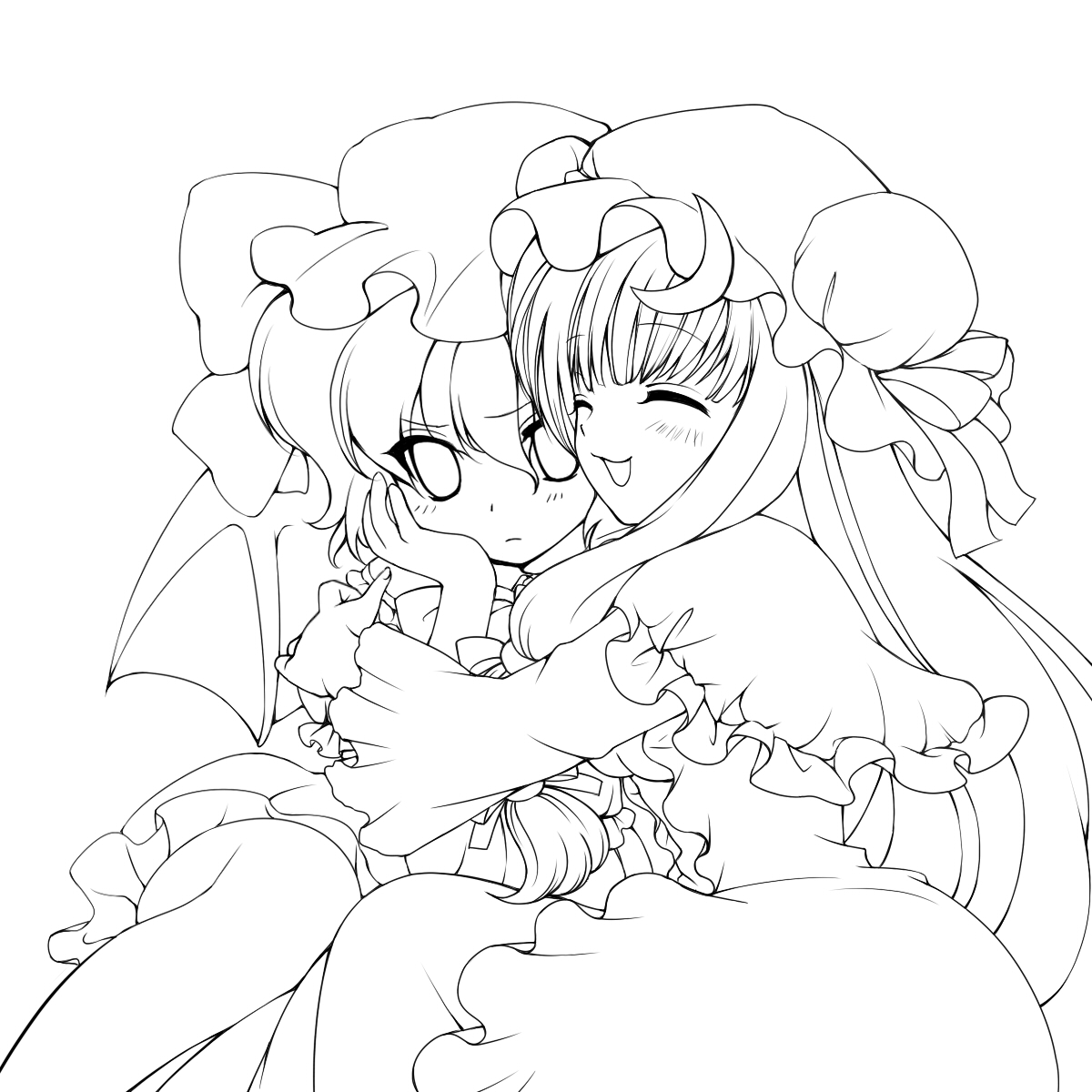 kino konomi, konomi (kino konomi), patchouli knowledge, remilia scarlet, team shanghai alice, touhou, bad id, bad pixiv id, highres, 2girls, blush, female focus, greyscale, hat, hug, lineart, long hair, monochrome, multiple girls, ribbon, short hair, wings