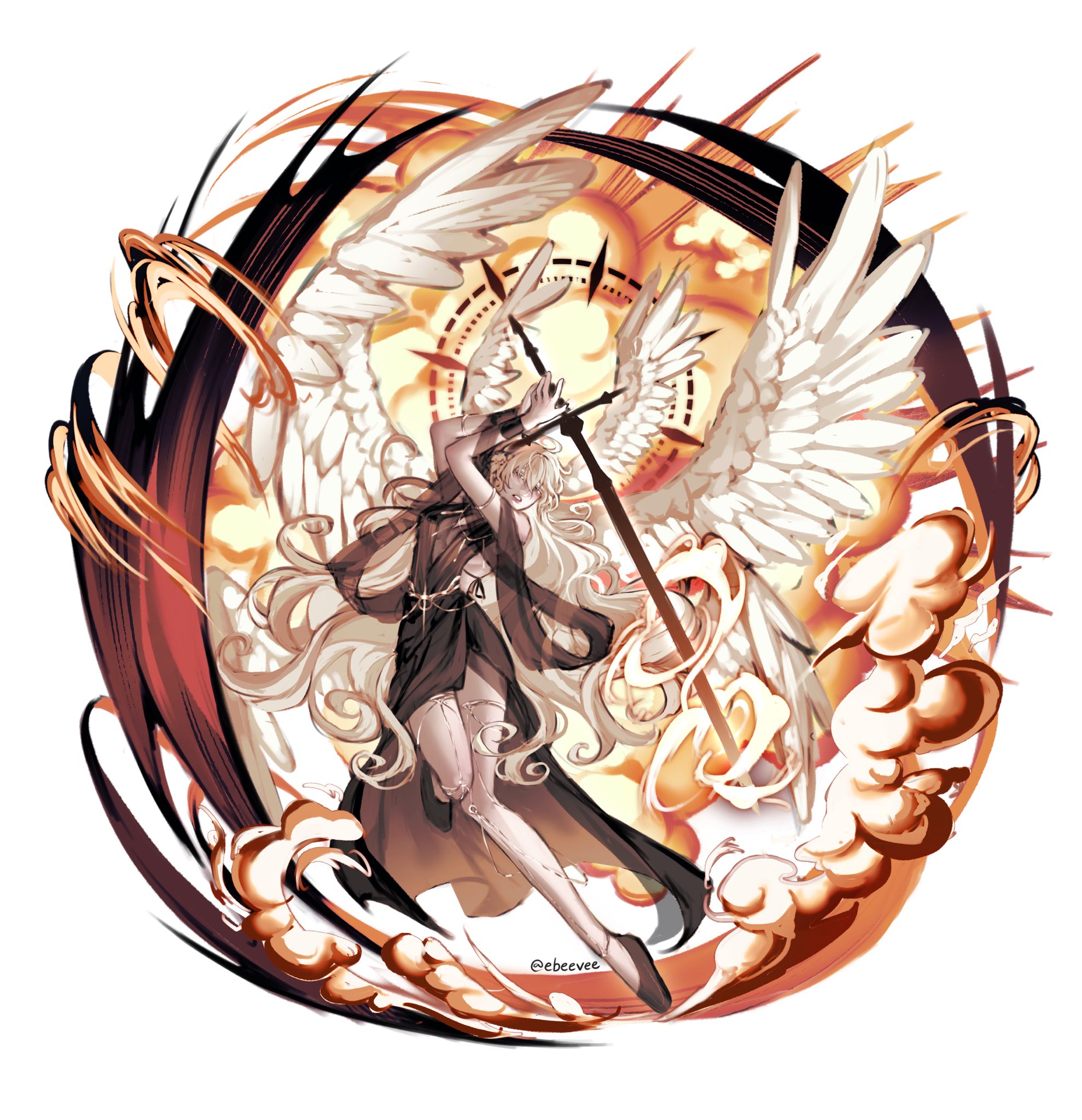 evie (baoxiao), uriel (omniscient reader's viewpoint), omniscient reader's viewpoint, highres, 1girl, angel, bangle, black dress, bracelet, clenched teeth, cloud, dress, feathered wings, full body, halo, halo behind head, head wings, holding, holding sword, holding weapon, incoming attack, jewelry, knee up, looking at viewer, sandals, see-through cleavage, see-through clothes, serious, solo, spiked halo, swirl, sword, teeth, weapon, white wings, wings
