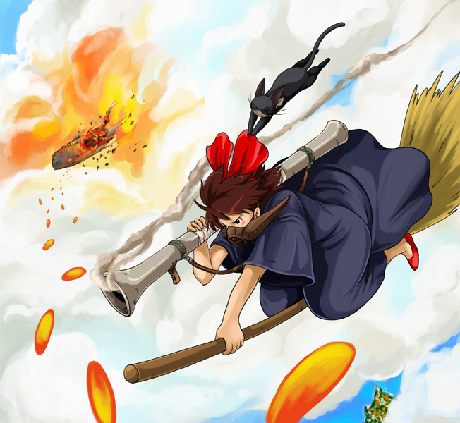 redlark, jiji (majo no takkyuubin), kiki (majo no takkyuubin), nausicaa, kaze no tani no nausicaa, majo no takkyuubin, studio ghibli, 1980s (style), 1girl, angry, black cat, bow, broom, broom riding, brown eyes, brown hair, cat, company connection, cosplay, crossover, dress, epic, explosion, female focus, fire, flared muzzle, gas mask, hair bow, m1 bazooka, mask, nausicaa (cosplay), oldschool, retro artstyle, rocket launcher, short hair, smoke, solo, weapon, witch