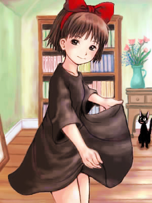neuron (exceed), jiji (majo no takkyuubin), kiki (majo no takkyuubin), majo no takkyuubin, studio ghibli, 1980s (style), bad id, bad pixiv id, lowres, black cat, book, bow, brown eyes, brown hair, cat, curtsey, dress, hair bow, hairband, oldschool, retro artstyle, short hair, skirt hold, solo, witch