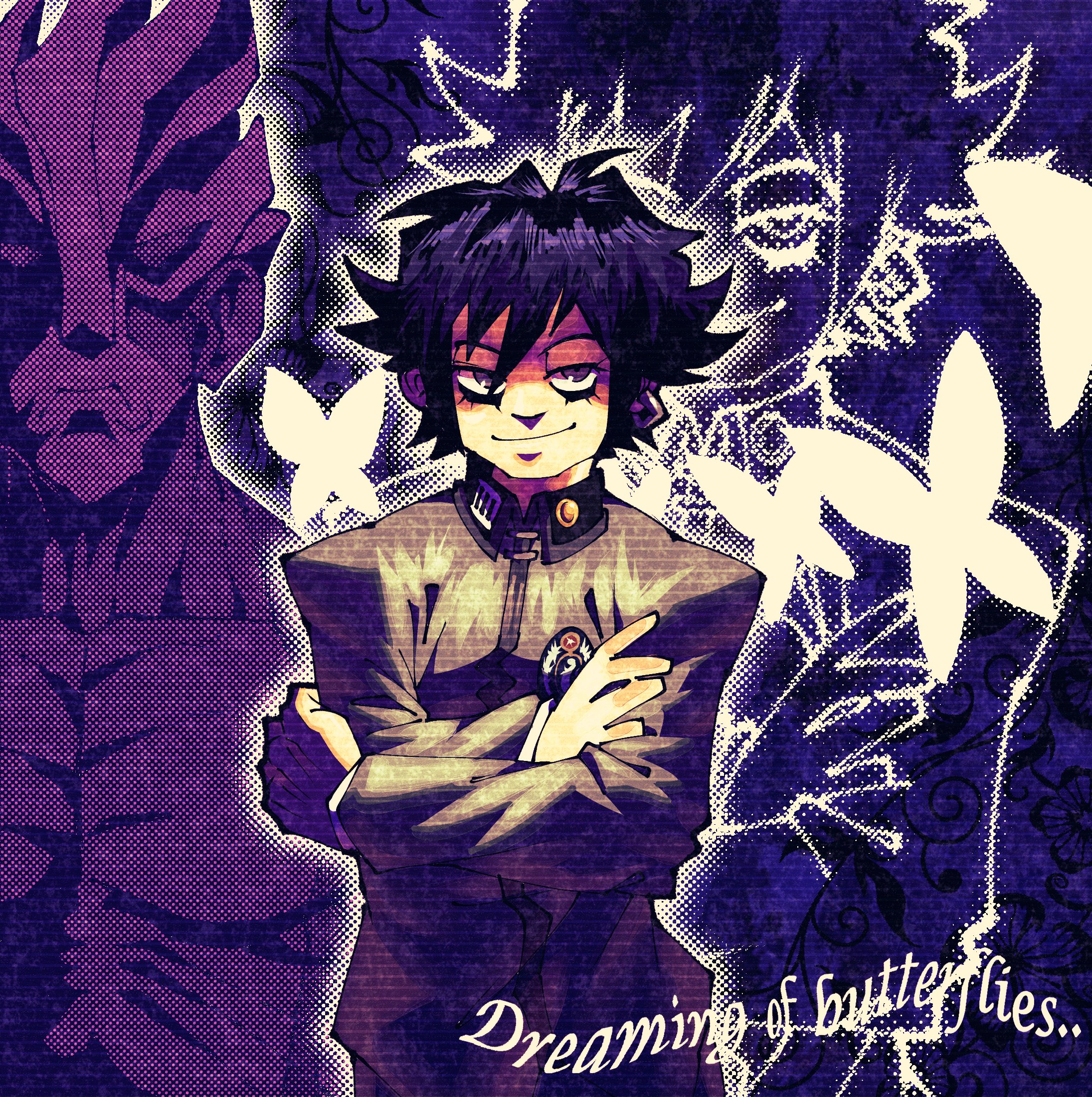 capsule (capsulecomputrz), seimen kongou, toudou naoya, persona, persona 1, commentary, english commentary, highres, 1boy, black hair, bug, butterfly, closed mouth, crossed arms, earrings, english text, gakuran, grey jacket, insect, jacket, jewelry, looking at viewer, male focus, persona (summon), projected inset, purple eyes, school uniform, short hair, smile, solo, st. hermelin school uniform