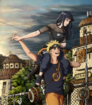 kunoichi-san, hyuuga hinata, uzumaki naruto, hand on head, naruto, lowres, blonde hair, blue eyes, building, cloud, couple, fence, fishnets, headband, holding hands, jacket, jeans, jewelry, jinchuruki, long hair, necklace, ninja, open mouth, pants, piggyback, power lines, purple hair, sandals, scenery, scroll, shirt, sky, smile, strap slip, sunset, t-shirt, tank top, tree, white eyes