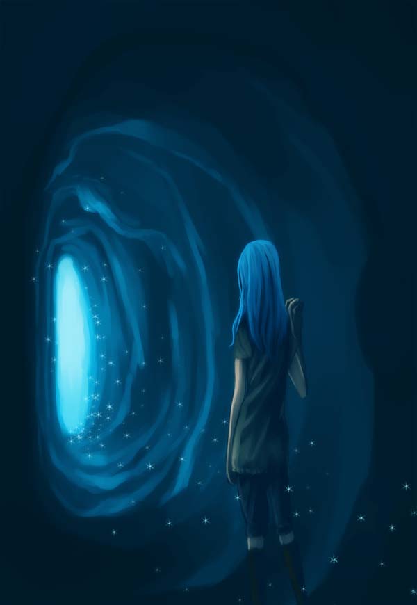 3 degrees celsius, original, bad id, bad pixiv id, back, blue hair, boots, cave, glowing, long hair, solo, tunic, tunnel