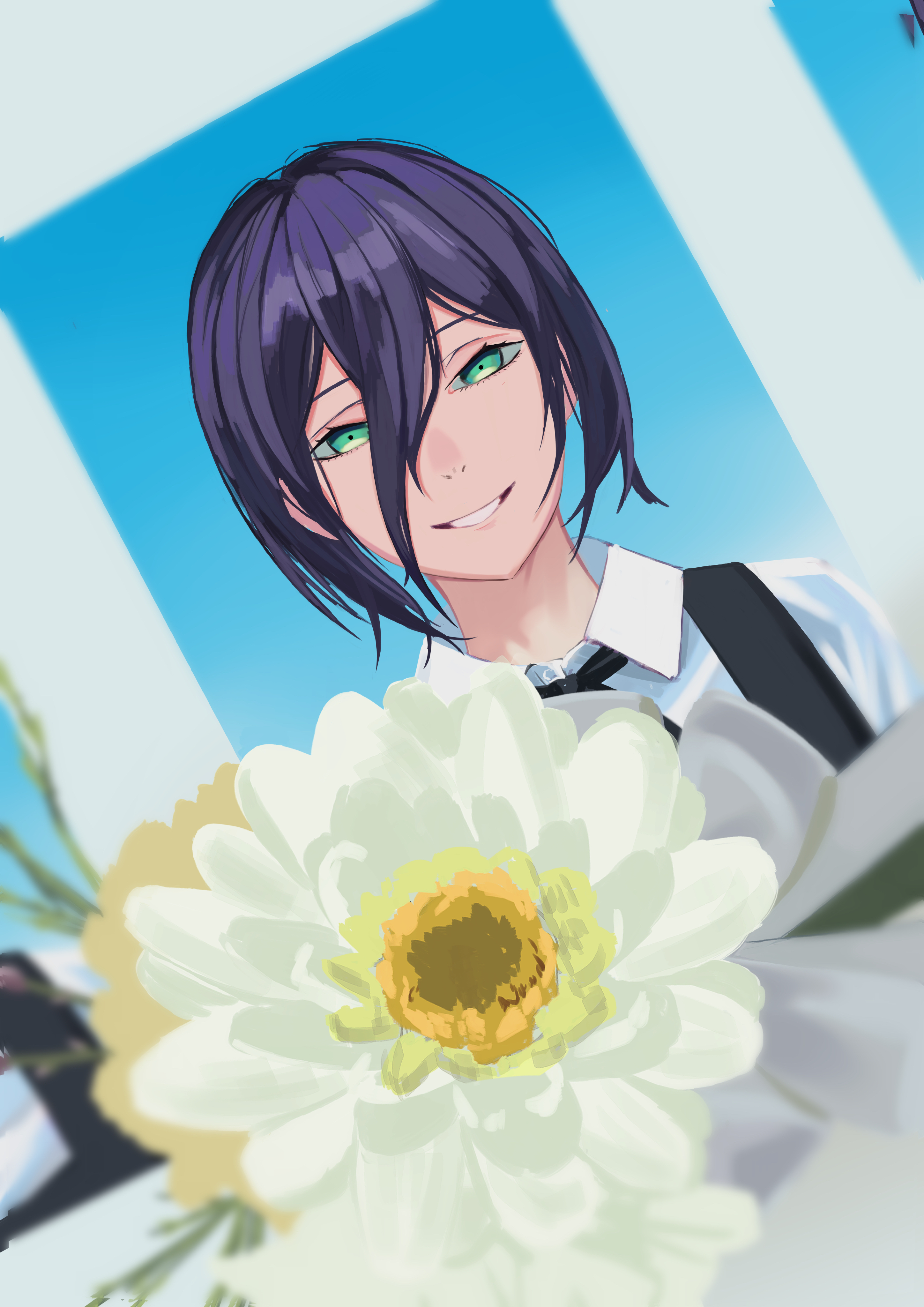 3333iyasy, reze (chainsaw man), chainsaw man, absurdres, highres, 1girl, collared shirt, flower, green eyes, hair between eyes, photo (object), purple hair, shirt, solo, white flower, white shirt