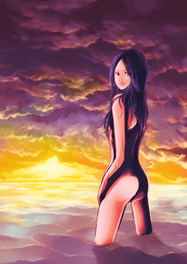 3 degrees celsius, original, bad id, bad pixiv id, ass, back, cloud, long hair, looking back, nude, ocean, purple eyes, purple hair, shadow, solo, sunset, wading, water