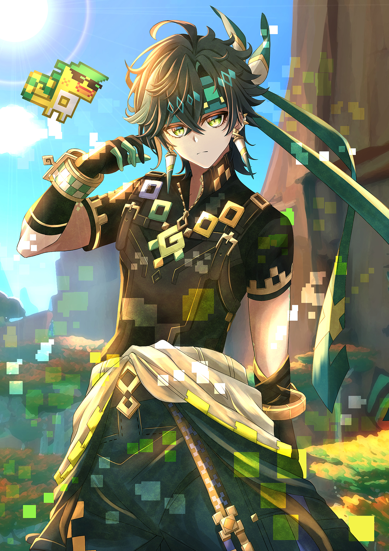 nakura haru, ajaw (genshin impact), kinich (genshin impact), genshin impact, highres, 1boy, aqua gloves, aqua headband, aqua pants, black gloves, black hair, black shirt, closed mouth, crossed bangs, day, frown, gloves, green eyes, headband, large earrings, looking at viewer, male focus, outdoors, pants, shirt, short hair, short sleeves, solo, spiked ear piercing, sunlight, two-tone gloves