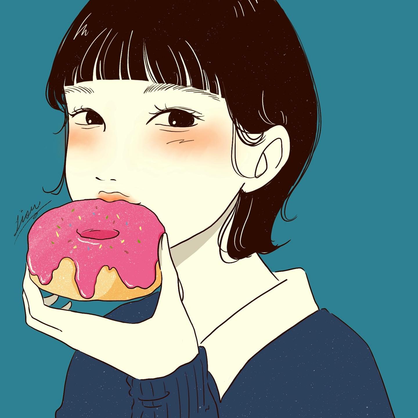 lisa (illustsan430), original, commentary request, highres, 1girl, artist name, black eyes, black hair, blue background, blue sweater, blunt bangs, blush, donut, eating, food, food in mouth, hair behind ear, hand up, holding, holding donut, holding food, long sleeves, looking at viewer, looking to the side, portrait, short hair, sideways glance, signature, simple background, solo, sprinkles, sweater