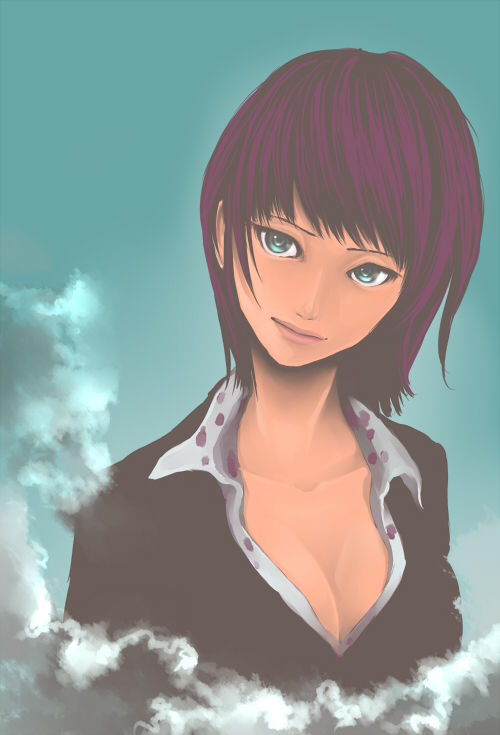 3 degrees celsius, nico robin, nico robin (water 7), one piece, bad id, bad pixiv id, 1girl, blue eyes, blue sky, breasts, cleavage, cloud, enies lobby, female focus, head tilt, medium breasts, purple hair, short hair, sky, smile, solo