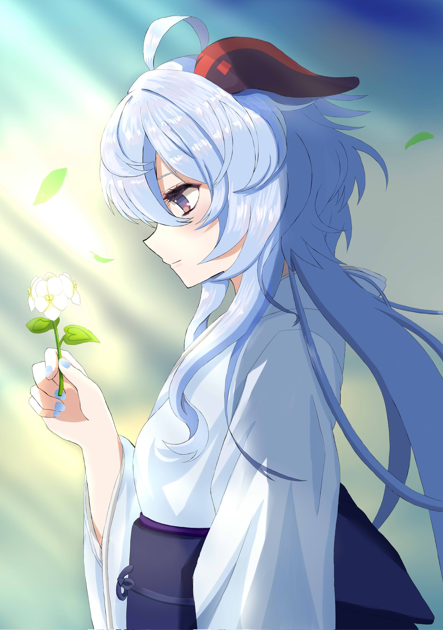 mishirosora, ganyu (genshin impact), genshin impact, commentary request, highres, 1girl, ahoge, alternate costume, blue hair, blue nails, closed mouth, fingernails, flower, goat horns, hair between eyes, hand up, holding, holding flower, horns, japanese clothes, kimono, long hair, looking at flowers, nail polish, outdoors, purple eyes, solo, sunlight, very long hair, white flower, white kimono