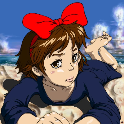 kawa (river), kiki (majo no takkyuubin), majo no takkyuubin, studio ghibli, 1980s (style), lowres, 1girl, barefoot, beach, blush stickers, bow, brown eyes, brown hair, cloud, day, dress, feet, female focus, hair bow, hairband, lying, ocean, oldschool, outdoors, retro artstyle, short hair, sky, soles, solo