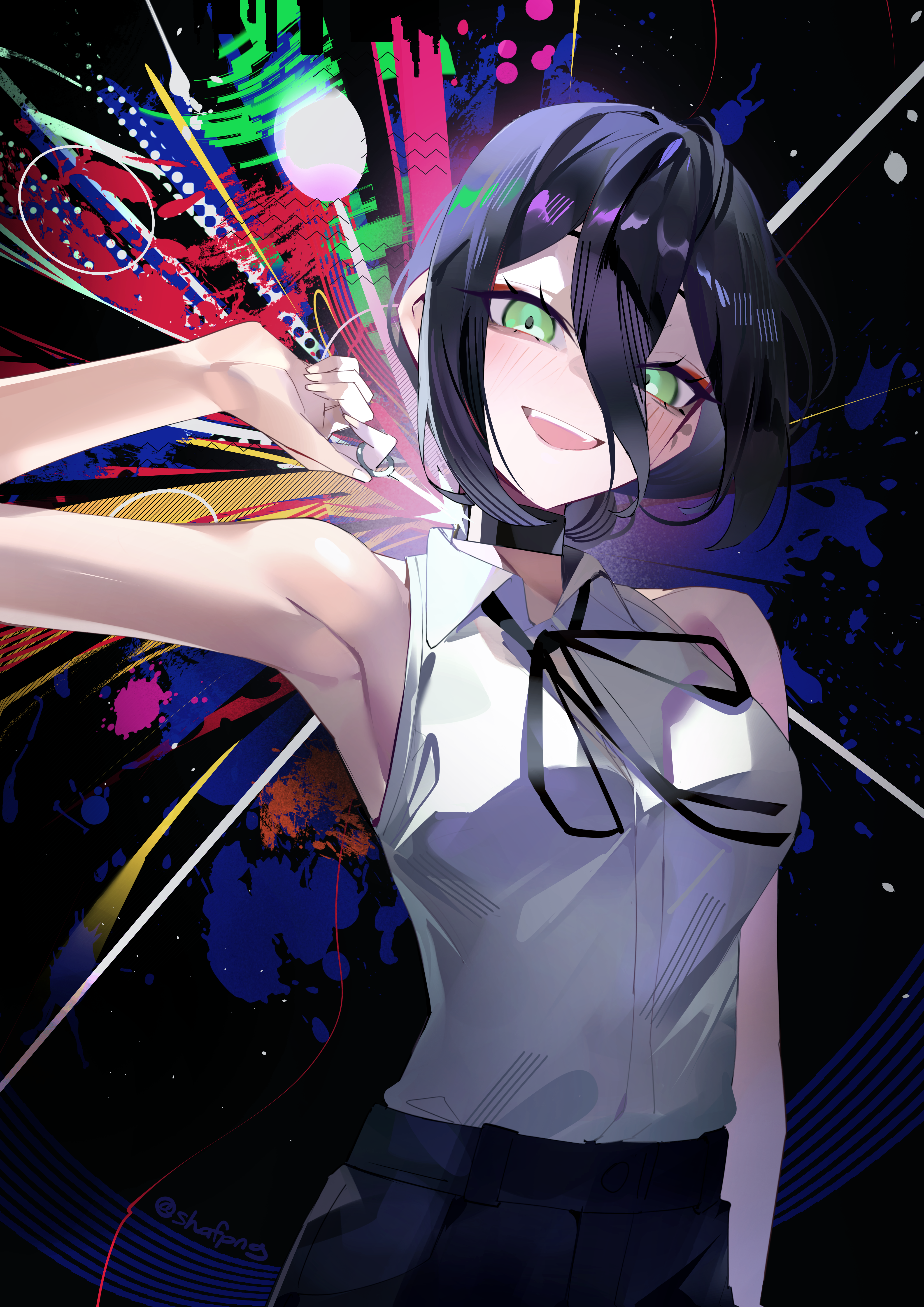 shafpng, reze (chainsaw man), chainsaw man, absurdres, highres, 1girl, armpits, black choker, black hair, black ribbon, breasts, choker, green eyes, grenade pin, hair between eyes, large breasts, looking at viewer, neck ribbon, open mouth, ribbon, shirt, shirt tucked in, sleeveless, sleeveless shirt, solo, teeth, upper teeth only