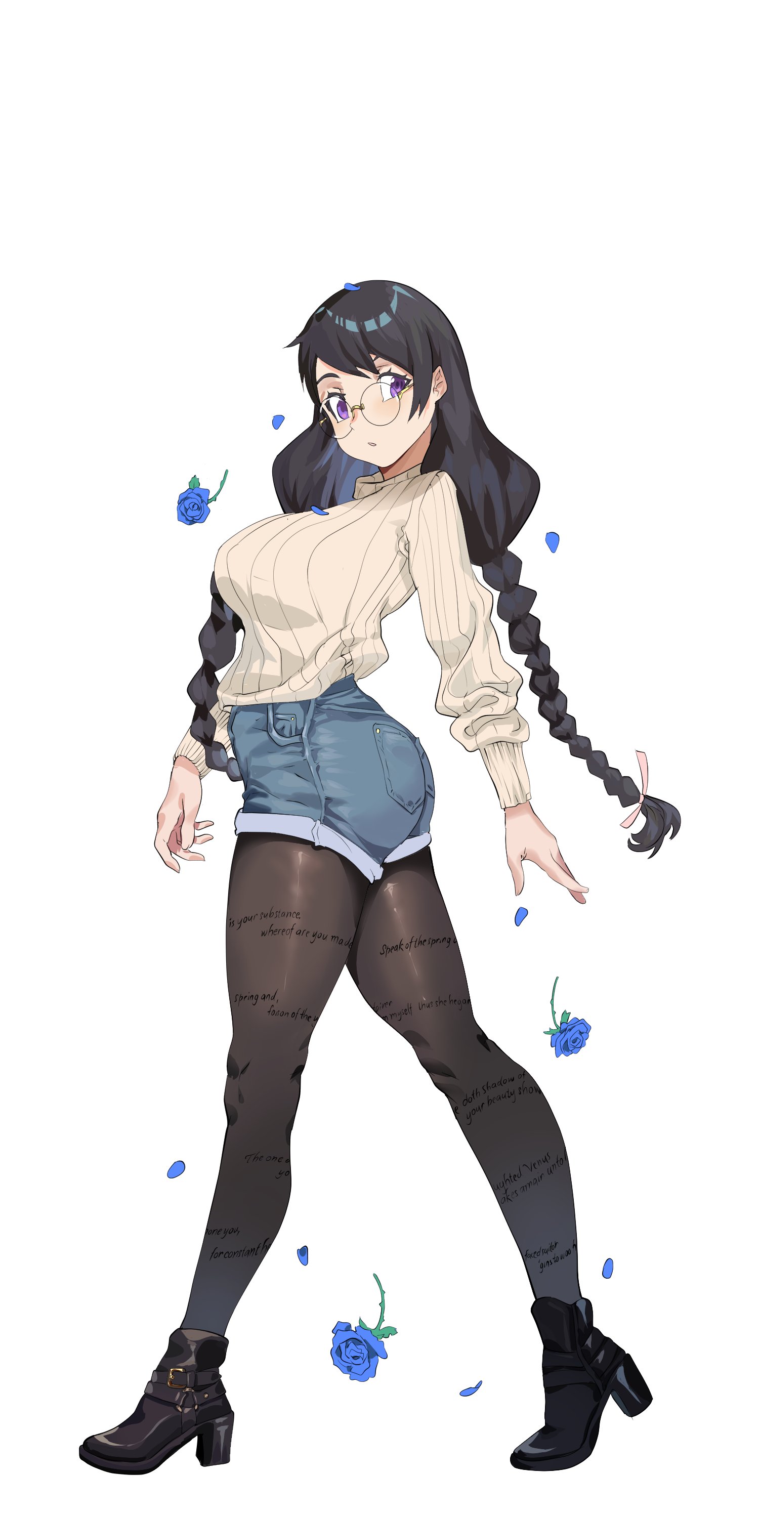 firstdayiyui, braided twintails, absurdres, character request, highres, 1girl, black hair, blue flower, blue rose, braid, denim, denim shorts, flower, from side, glasses, high heels, long hair, looking at viewer, low twintails, pantyhose, pantyhose under shorts, purple eyes, ribbed sweater, rose, round eyewear, shorts, simple background, solo, sweater, turtleneck, turtleneck sweater, twintails, very long hair, white background