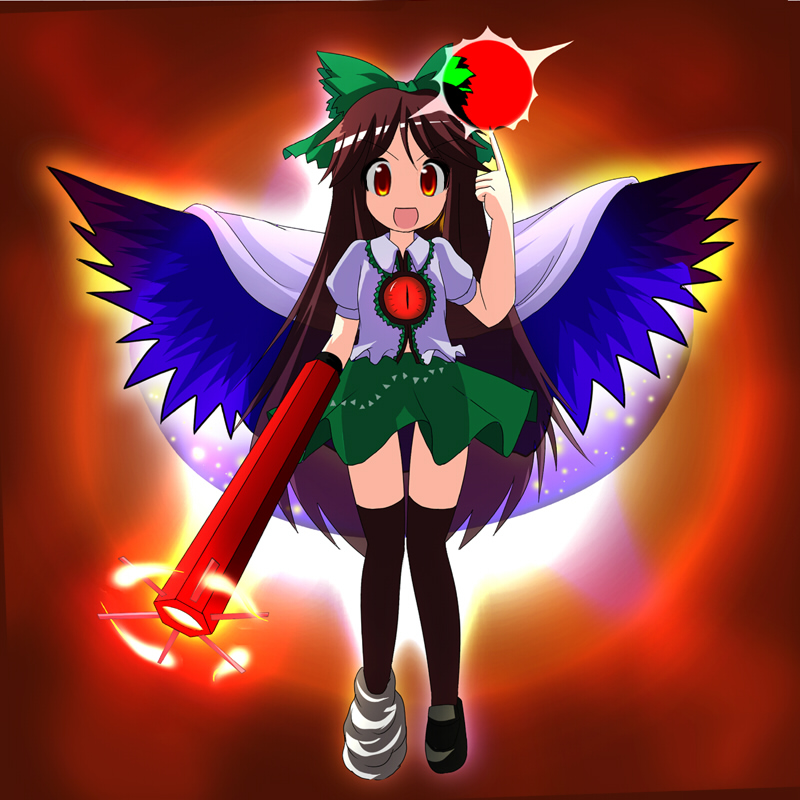 des (namaasi), reiuji utsuho, touhou, 1girl, arm cannon, black hair, bow, brown hair, cape, female focus, full body, gradient background, hair ribbon, long hair, open mouth, red eyes, ribbon, skirt, socks, solo, thighhighs, very long hair, weapon, wings, zettai ryouiki
