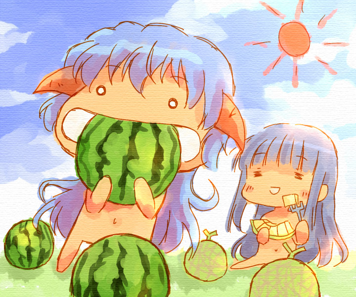 nekokun, furude rika, hanyuu, higurashi no naku koro ni, light purple hair, md5 mismatch, 00s, 2girls, eating, food, fruit, horns, long hair, multiple girls, navel, nude, sitting, solid circle eyes, stomach, sun, very long hair, watermelon