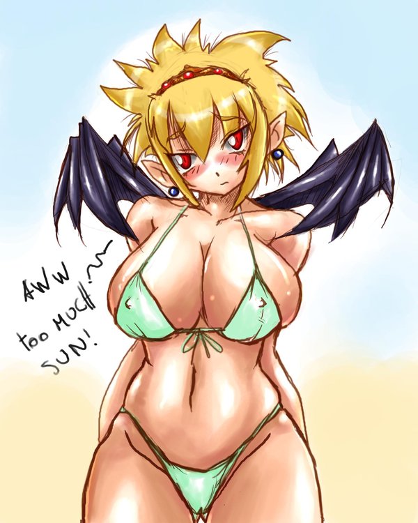 rhemora, rozalin, disgaea, makai senki disgaea 2, self-upload, 1girl, bat wings, bikini, blonde hair, breasts, earrings, female focus, jewelry, outdoors, pointy ears, red eyes, sky, solo, swimsuit, wings