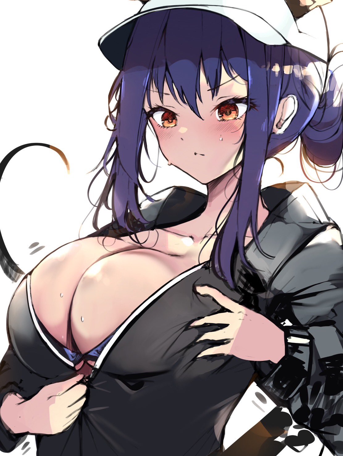 kyuu (plastic night q), ch'en (arknights), ch'en the holungday (arknights), arknights, commentary request, highres, 1girl, baseball cap, bikini, blue hair, blush, breasts, closed mouth, collarbone, dragon girl, dragon horns, dragon tail, hair between eyes, hat, horns, large breasts, long hair, long sleeves, official alternate costume, red eyes, solo, swimsuit, tail, unzipping, upper body, wet, white background, white hat