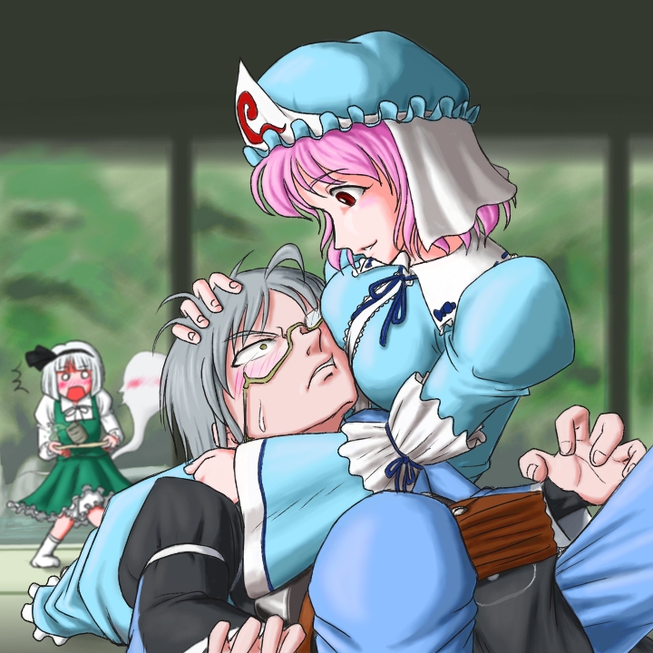 yoshio (yoshiwo0221), konpaku youmu, konpaku youmu (ghost), morichika rinnosuke, saigyouji yuyuko, touhou, 1boy, 2girls, ^^^, bag, bloomers, blush, couple, glasses, grey hair, hetero, hitodama, hug, multiple girls, o o, pink hair, underwear, white hair