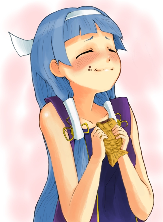 nagi, kannagi, 00s, blue hair, blunt bangs, blush, closed eyes, food, food on face, hairband, happy, long hair, solo, taiyaki, wagashi