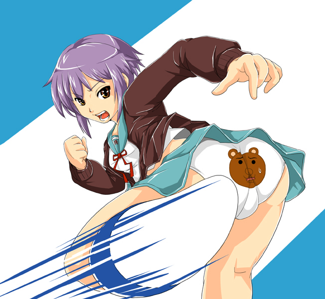 redlark, nagato yuki, suzumiya haruhi no yuuutsu, 00s, 1girl, animal print, ass, bear panties, bear print, brown eyes, cardigan, clenched hand, female focus, kicking, midriff, motion lines, open mouth, panties, pantyshot, print panties, purple hair, school uniform, serafuku, short hair, shouting, skirt, solo, speed lines, underwear, upskirt