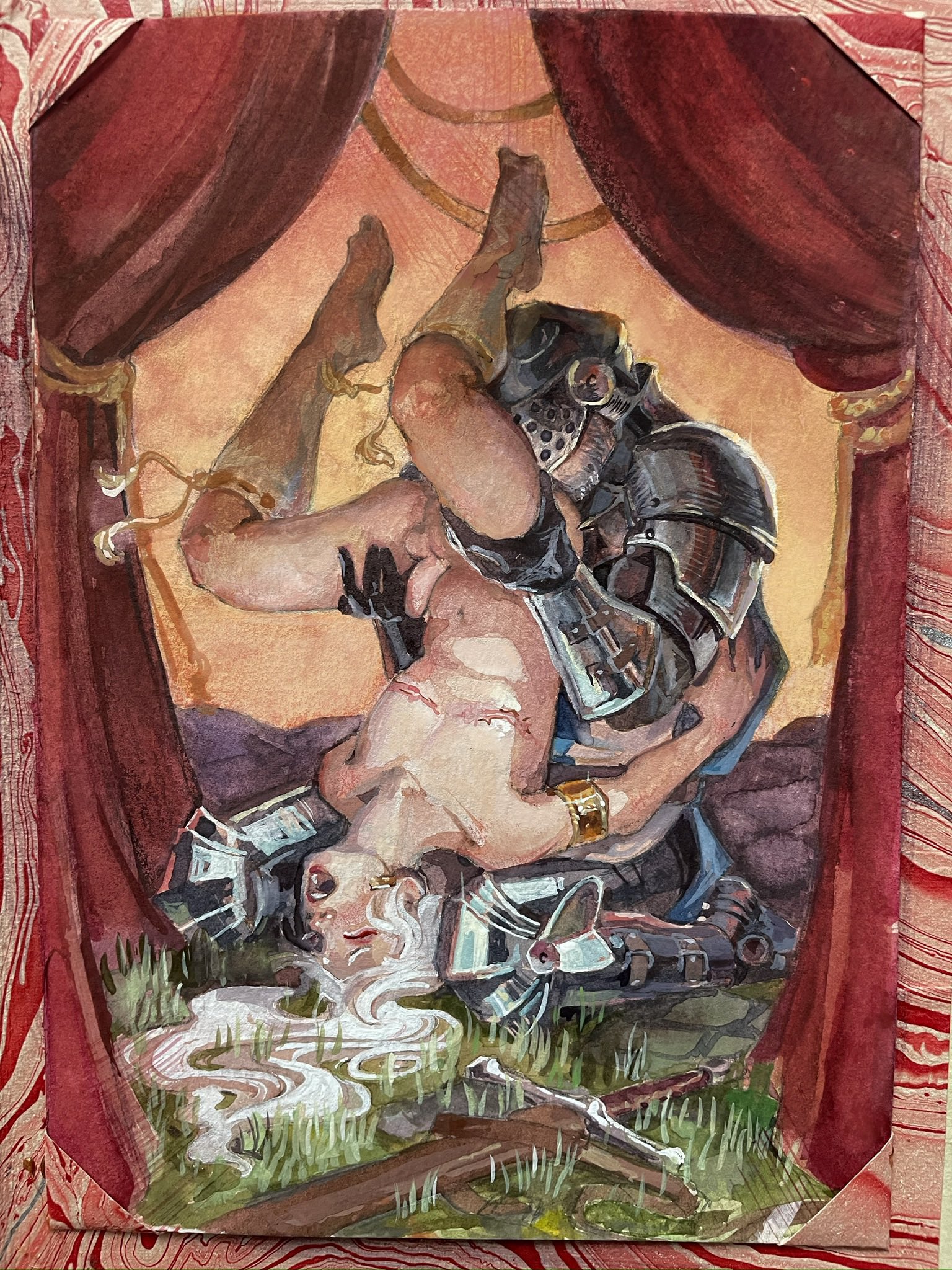 original, gold armlet, commentary, english commentary, highres, painting (medium), traditional media, watercolor (medium), 2boys, anilingus, armlet, armor, armored boots, armored gloves, bara, beard, bishounen, boots, clothed male nude male, collarbone, curtains, erection, facial hair, full armor, full body, grass, grey armor, grey facial hair, grey helmet, hair spread out, hands on another's thighs, helmet, jewelry, kneehighs, knight, long hair, male focus, mastectomy scar, multiple boys, navel, no shoes, nude, octoerotic, open mouth, penis, phalloplasty, scar, scar on chest, sex reassignment surgery, sitting, socks, sword, teeth, testicles, trap, upside-down, wariza, wavy hair, weapon, white hair, white socks, yaoi