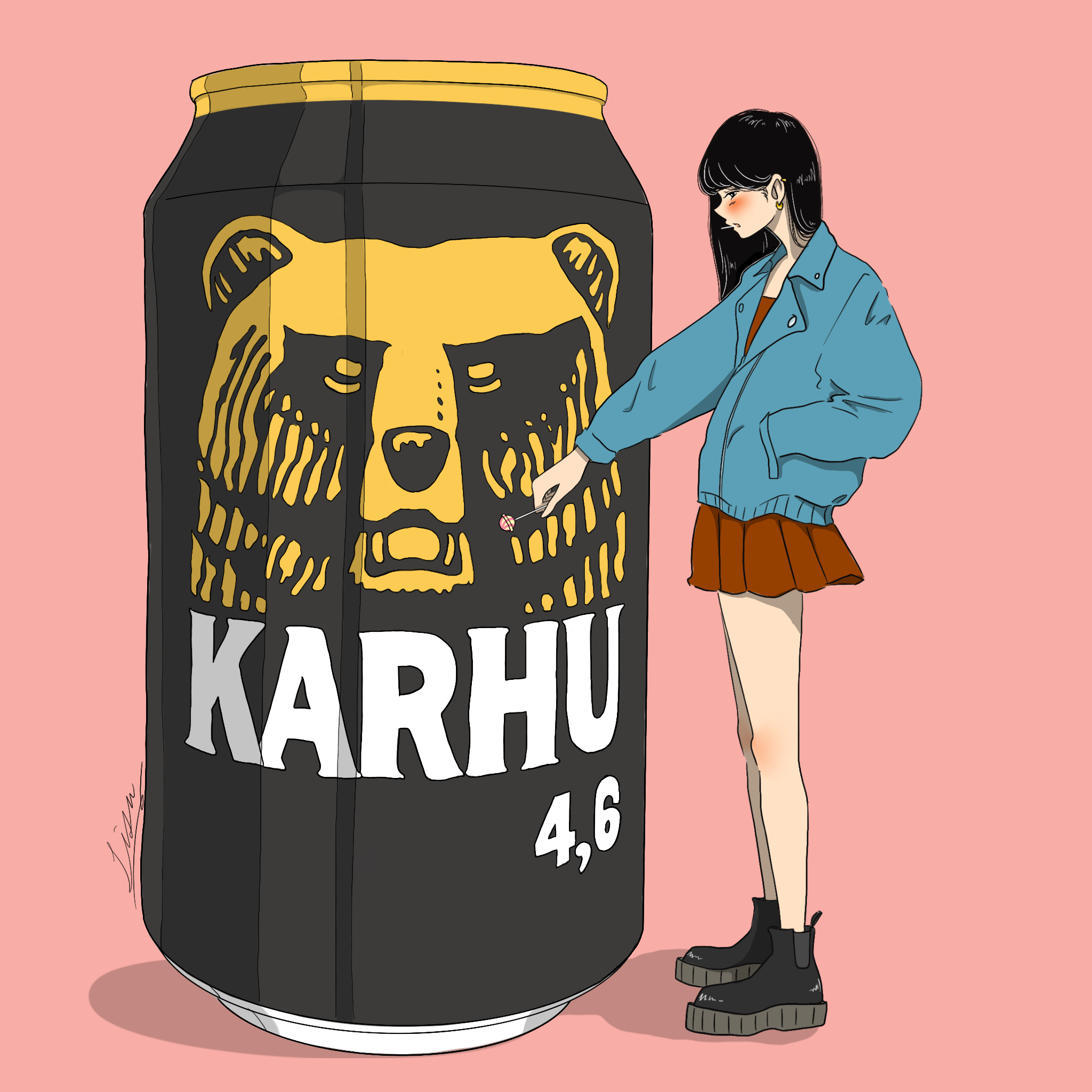 lisa (illustsan430), original, commentary request, highres, 1girl, artist name, bare legs, beer can, black boots, black hair, blue jacket, blush, boots, can, candy, drink can, ear piercing, earrings, food, food in mouth, from side, full body, hair behind ear, hand in pocket, holding, holding candy, holding food, holding lollipop, jacket, jewelry, lapels, lollipop, lollipop in mouth, long hair, long sleeves, looking down, miniskirt, mouth hold, notched lapels, outstretched arm, oversized object, parted lips, piercing, pink background, pleated skirt, profile, red shirt, red skirt, shadow, shirt, signature, simple background, skirt, solo, standing
