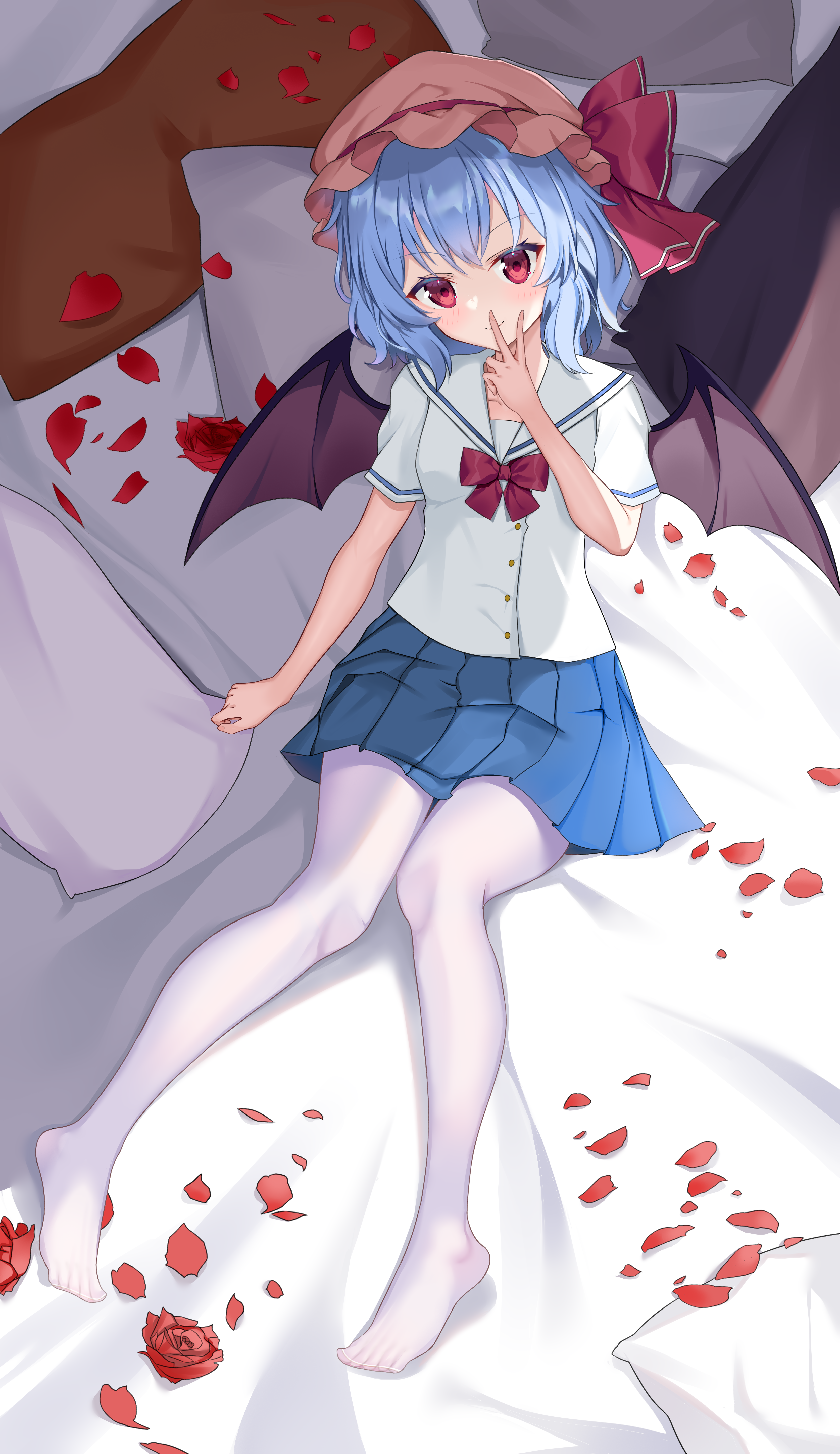 listjoy, remilia scarlet, touhou, absurdres, chinese commentary, commentary, highres, >:), 1girl, alternate costume, bat wings, blue hair, blue skirt, blush, bow, bowtie, buttons, closed mouth, feet, flower, full body, hair between eyes, hand up, hat, hat bow, indoors, looking at viewer, medium hair, miniskirt, mob cap, no shoes, on bed, pantyhose, petals, pillow, pink hat, pleated skirt, red bow, red bowtie, red eyes, red flower, red rose, rose, rose petals, sailor collar, school uniform, serafuku, shirt, short sleeves, sidelighting, sitting, skirt, smile, solo, toes, v, v-shaped eyebrows, v over mouth, white pantyhose, white sailor collar, white shirt, wings